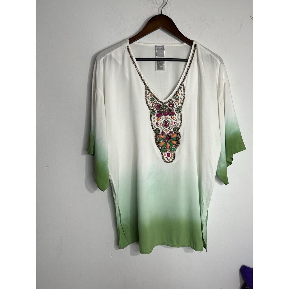 Chico's Boho Embroidered Canary Green Beaded sz 1 M Top Blouse (13